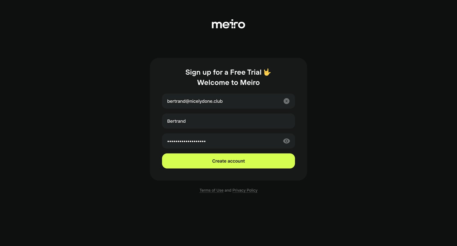 Meiro - Log in · Meiro screen