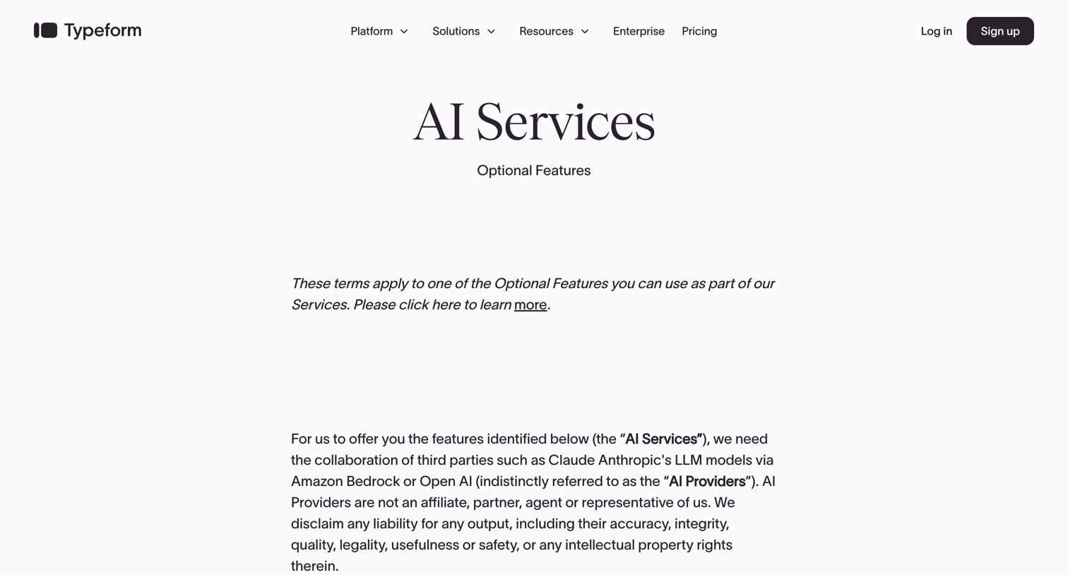 Typeform - AI Services screen
