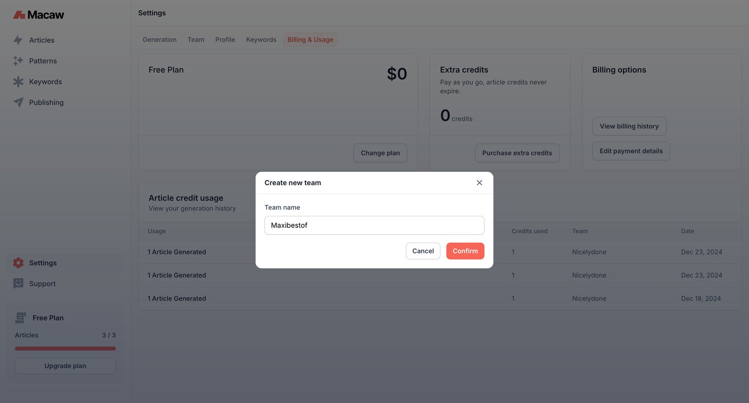 Macaw - Billing Settings | Macaw screen