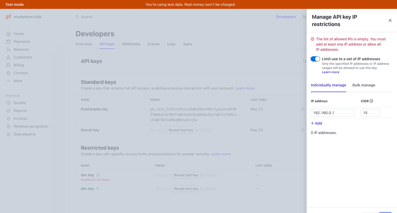 Stripe - Developers – nicelydone.club – Stripe [Test] screen