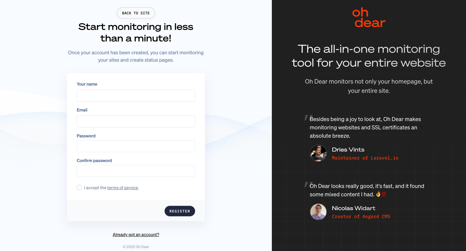 Oh Dear - Start monitoring for free - Oh Dear screen