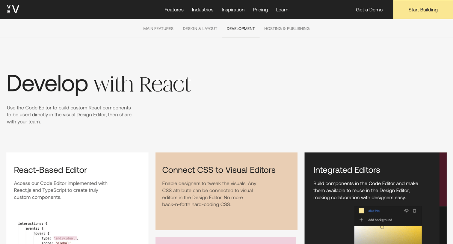 Vev - Features Development screen