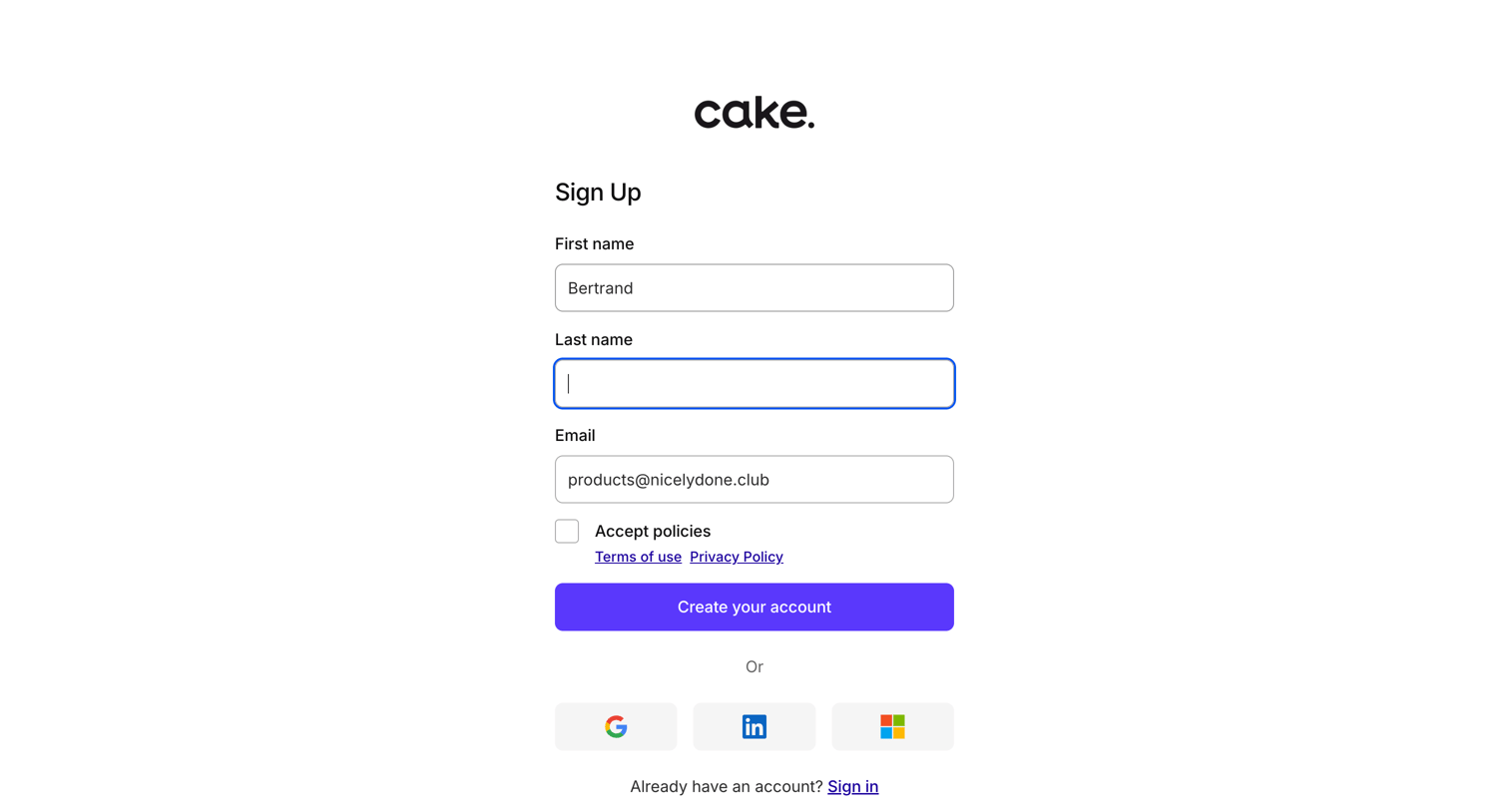 Cake - Sign up | Cake Equity screen