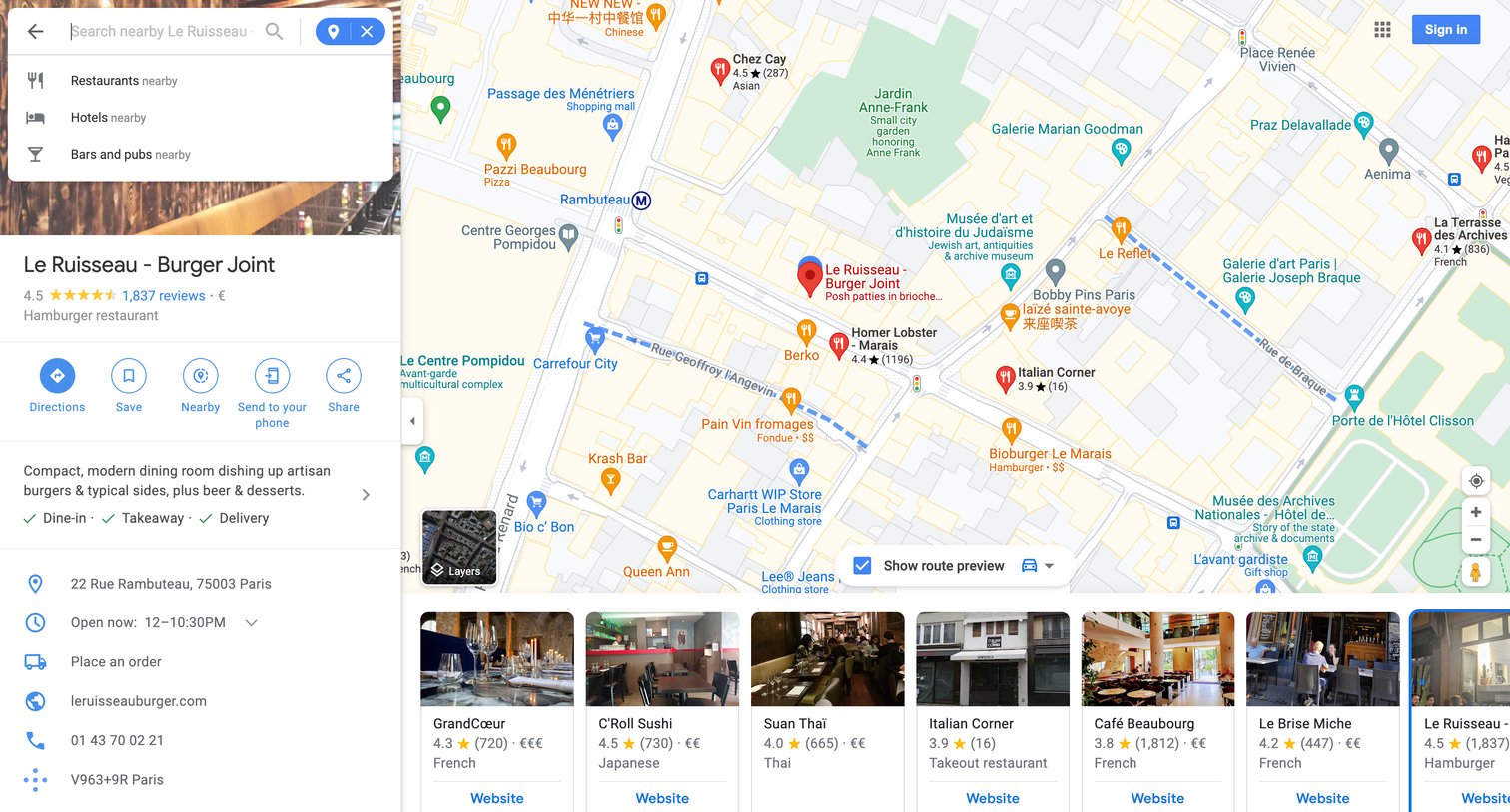 Google maps - Le Ruisseau - Burger Joint - Google Maps screen