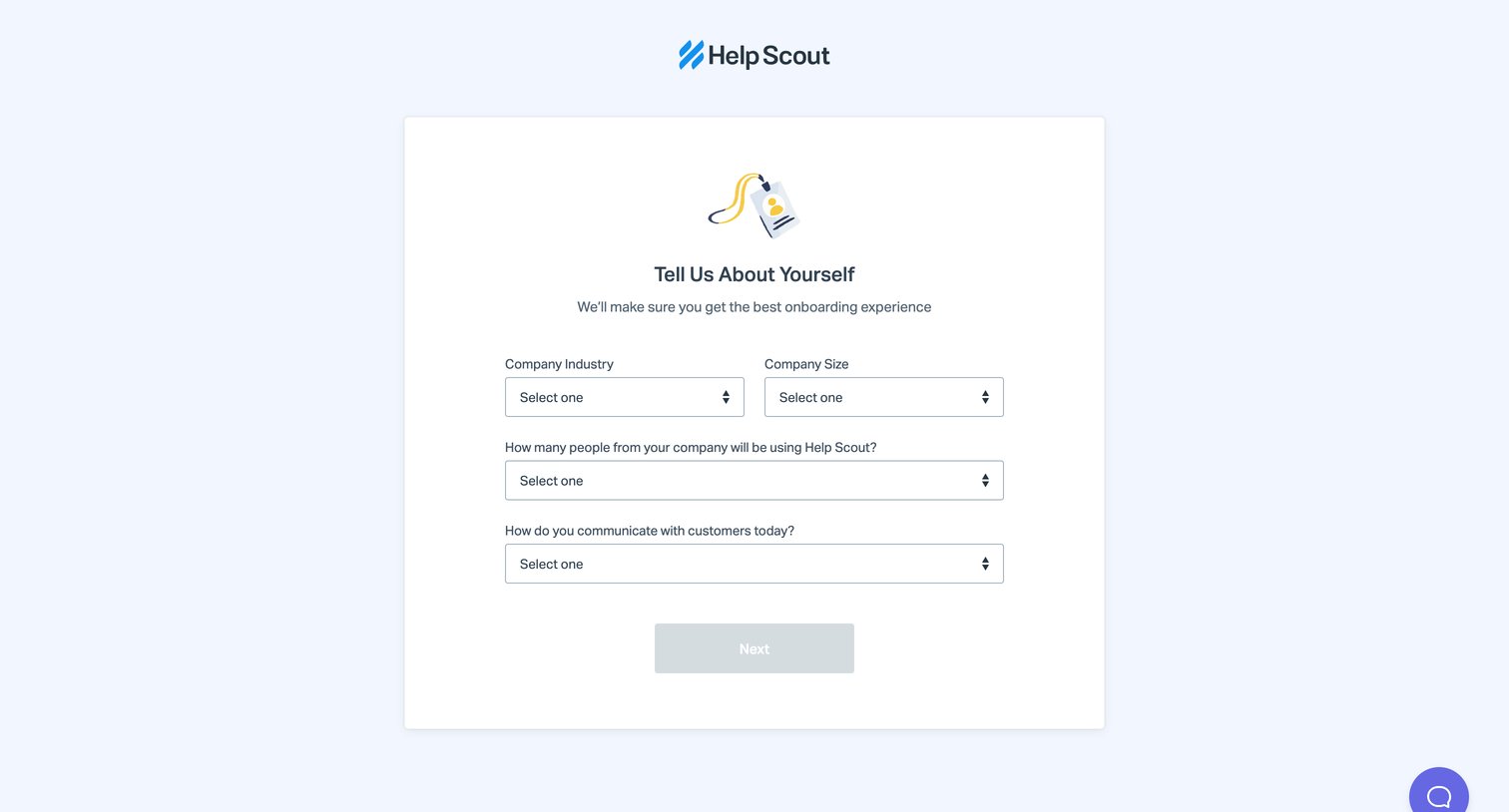 Help Scout - Tell Us About Yourself screen