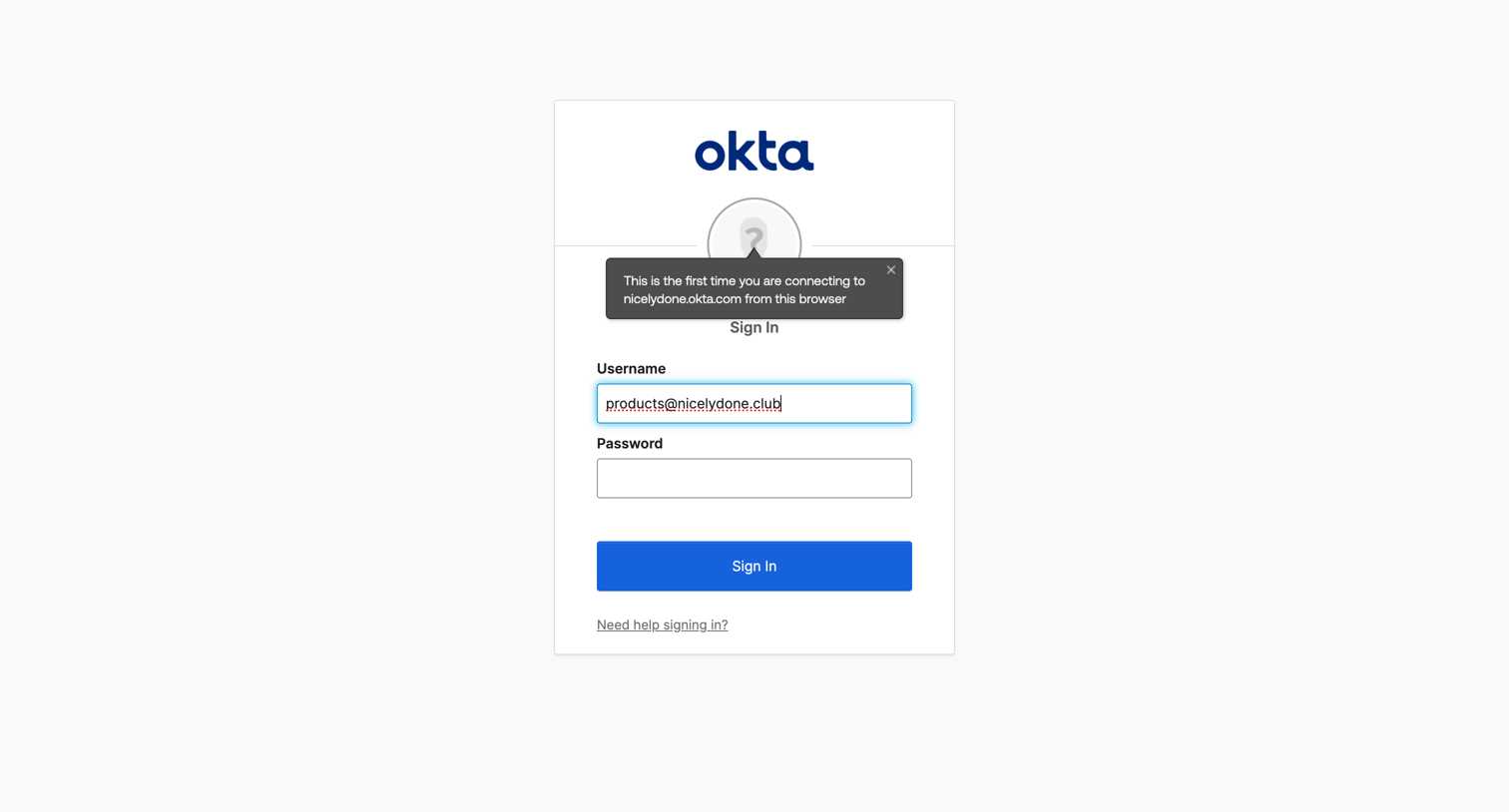 Okta - Sign In screen