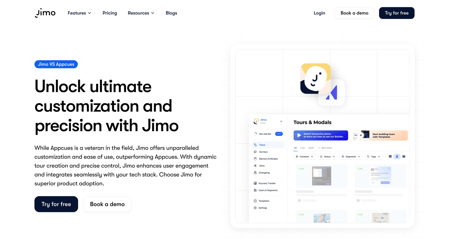Jimo - Jimo VS Appcues - Unlock ultimate customization and precision wit screen