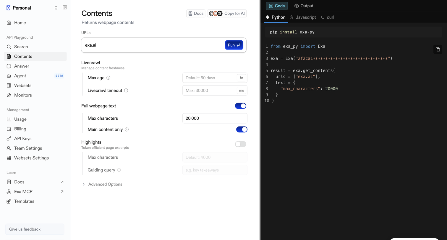 Exa - Playground | Exa API screen