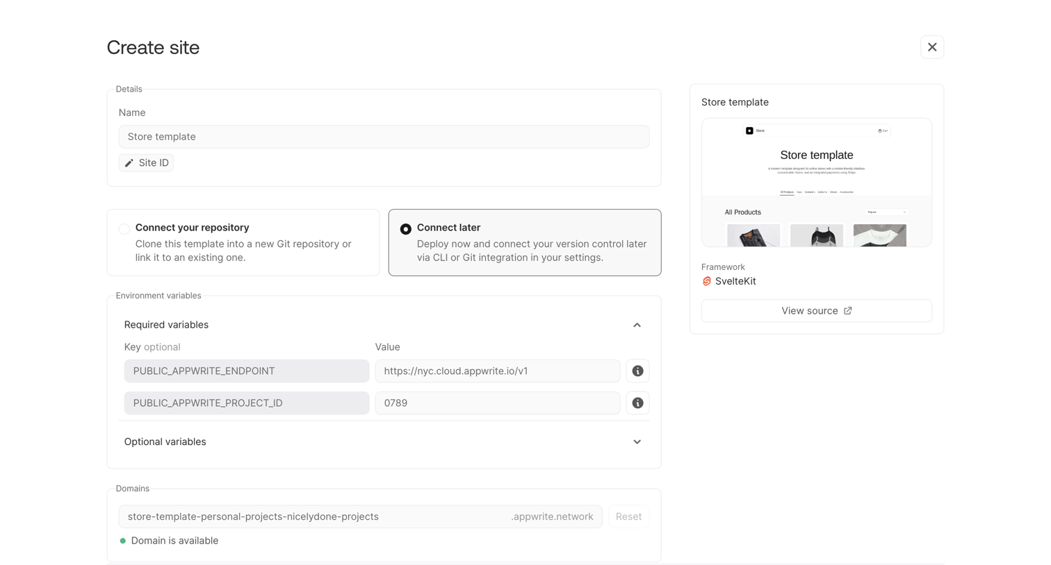 Appwrite - Create site - Appwrite screen
