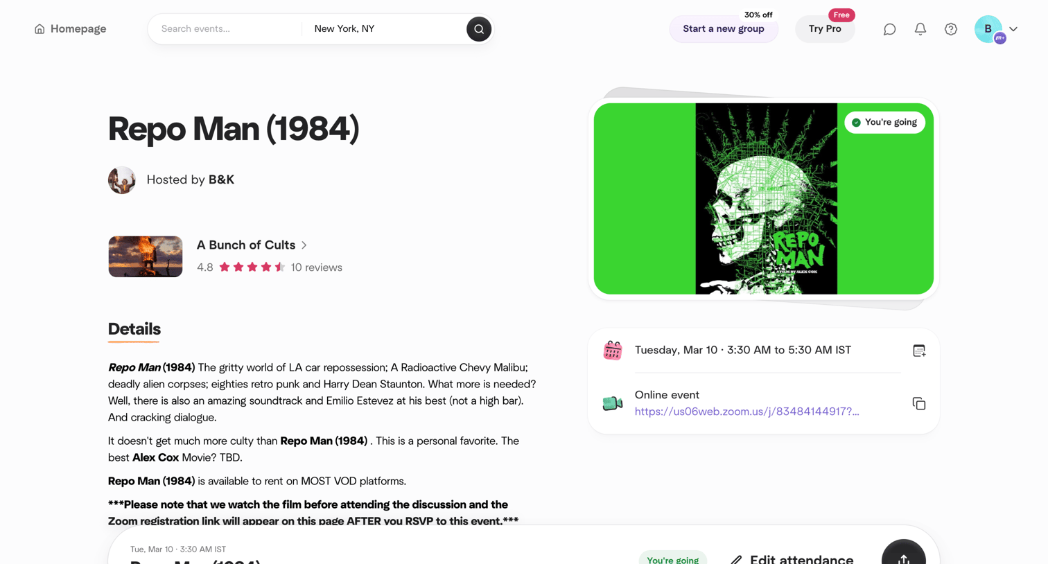 Meetup - Repo Man (1984), Mon, Mar 9, 2026, 6:00 PM | Meetup screen