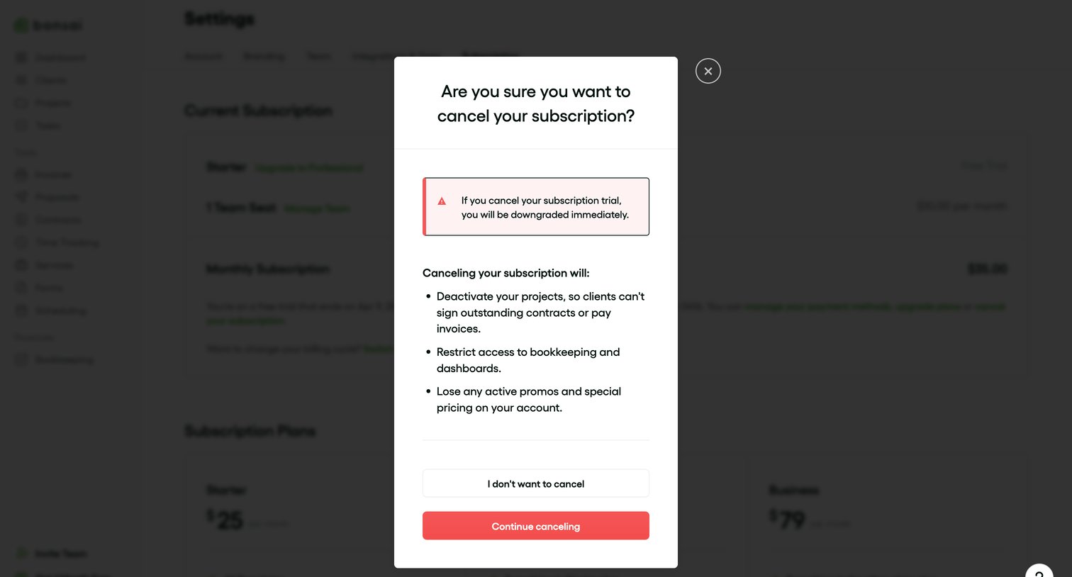 Subscription Settings - Bonsai from Bonsai