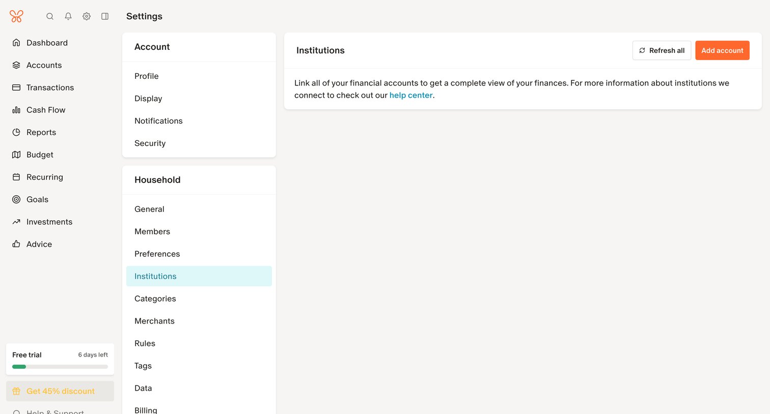 Monarch - Institutions Settings screen
