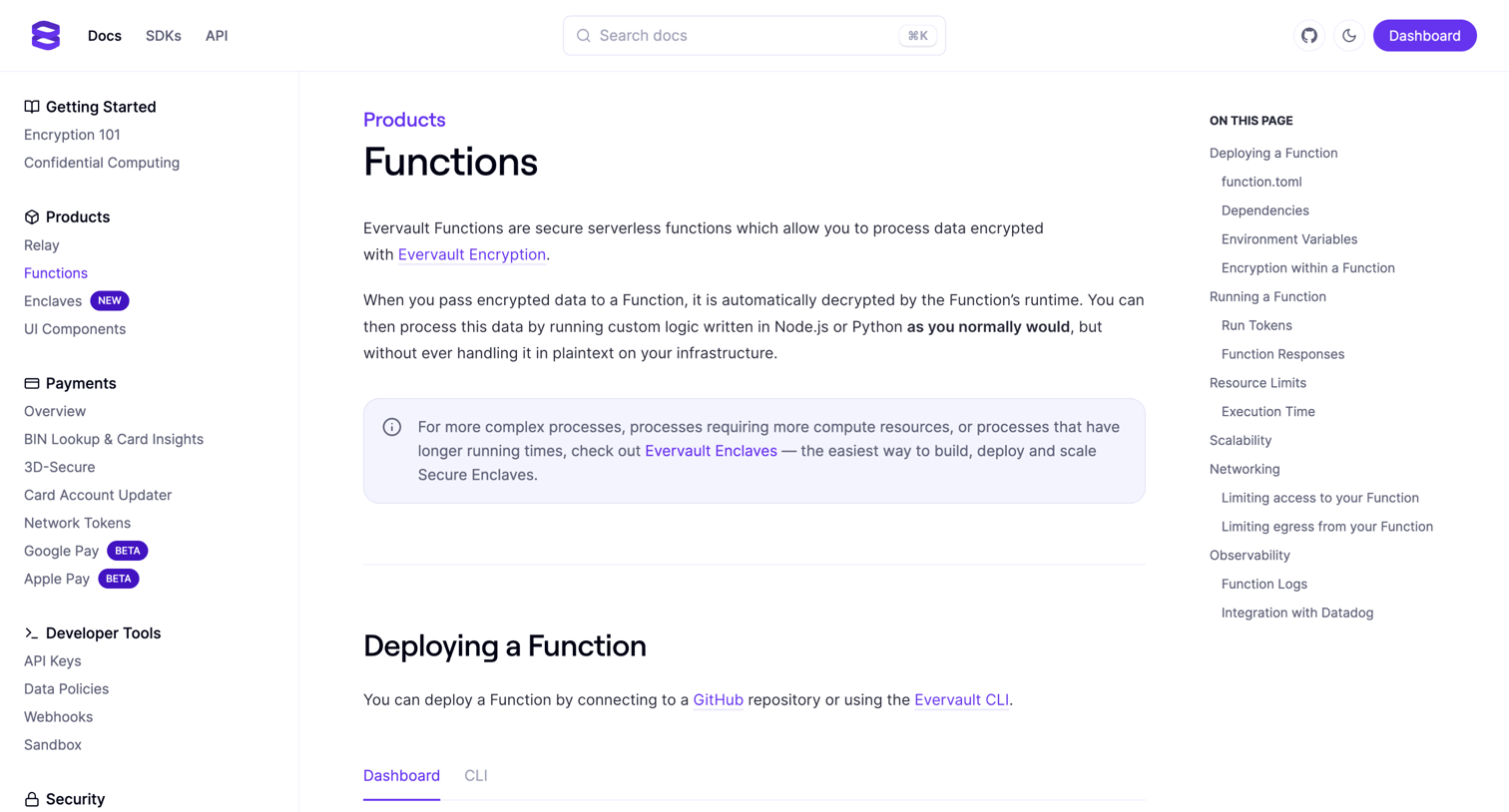 Evervault - Functions - Docs screen