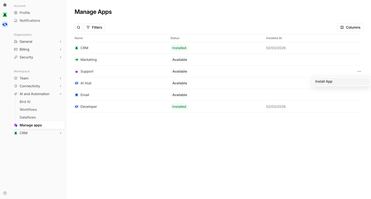 Bird - Manage Apps | Bird screen