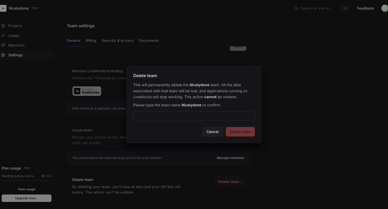 Liveblocks - Nicelydone | Team settings screen