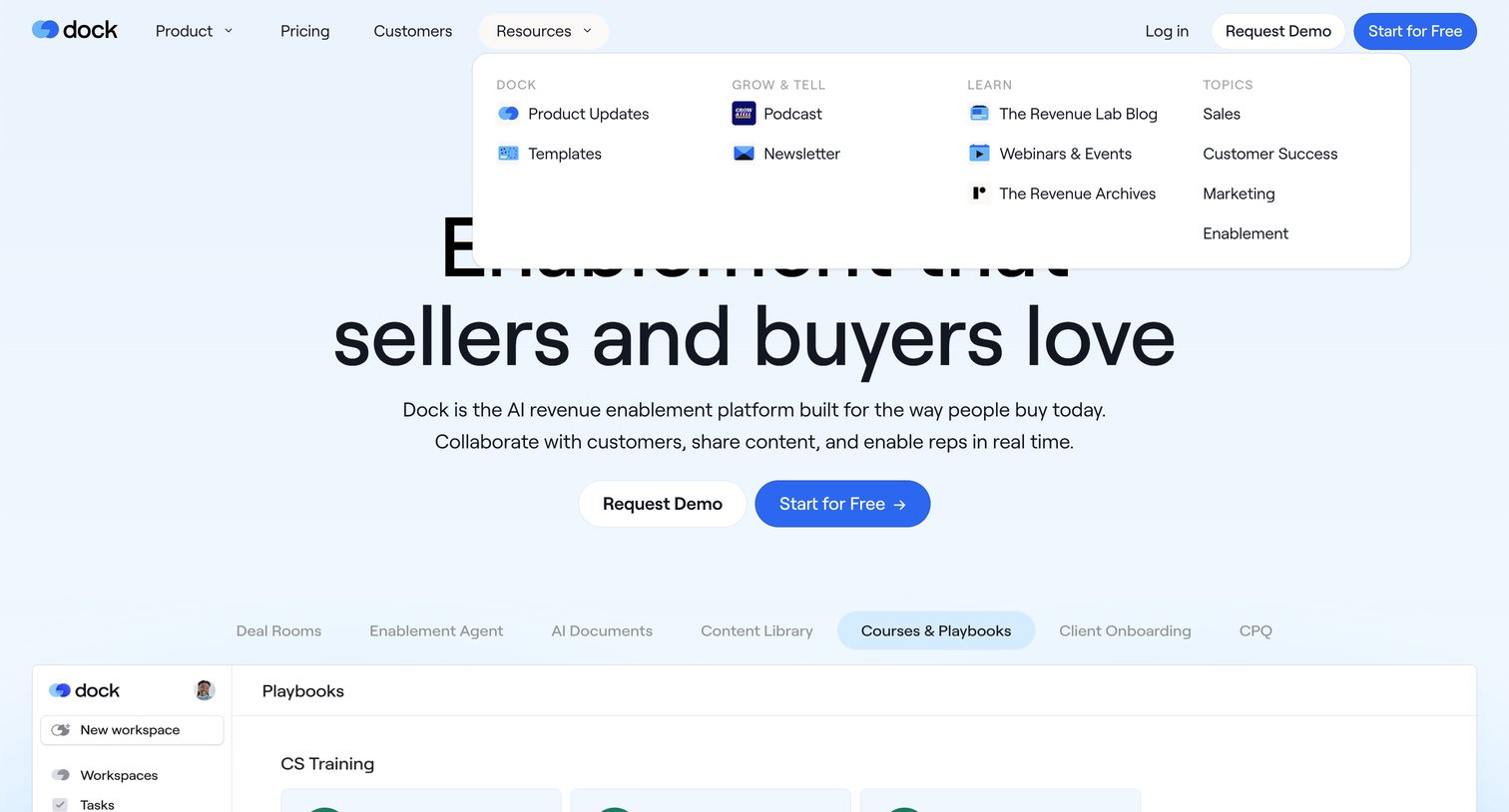Dock - Dock | AI Revenue Enablement that Sellers & Buyers Love - hover: Customers screen