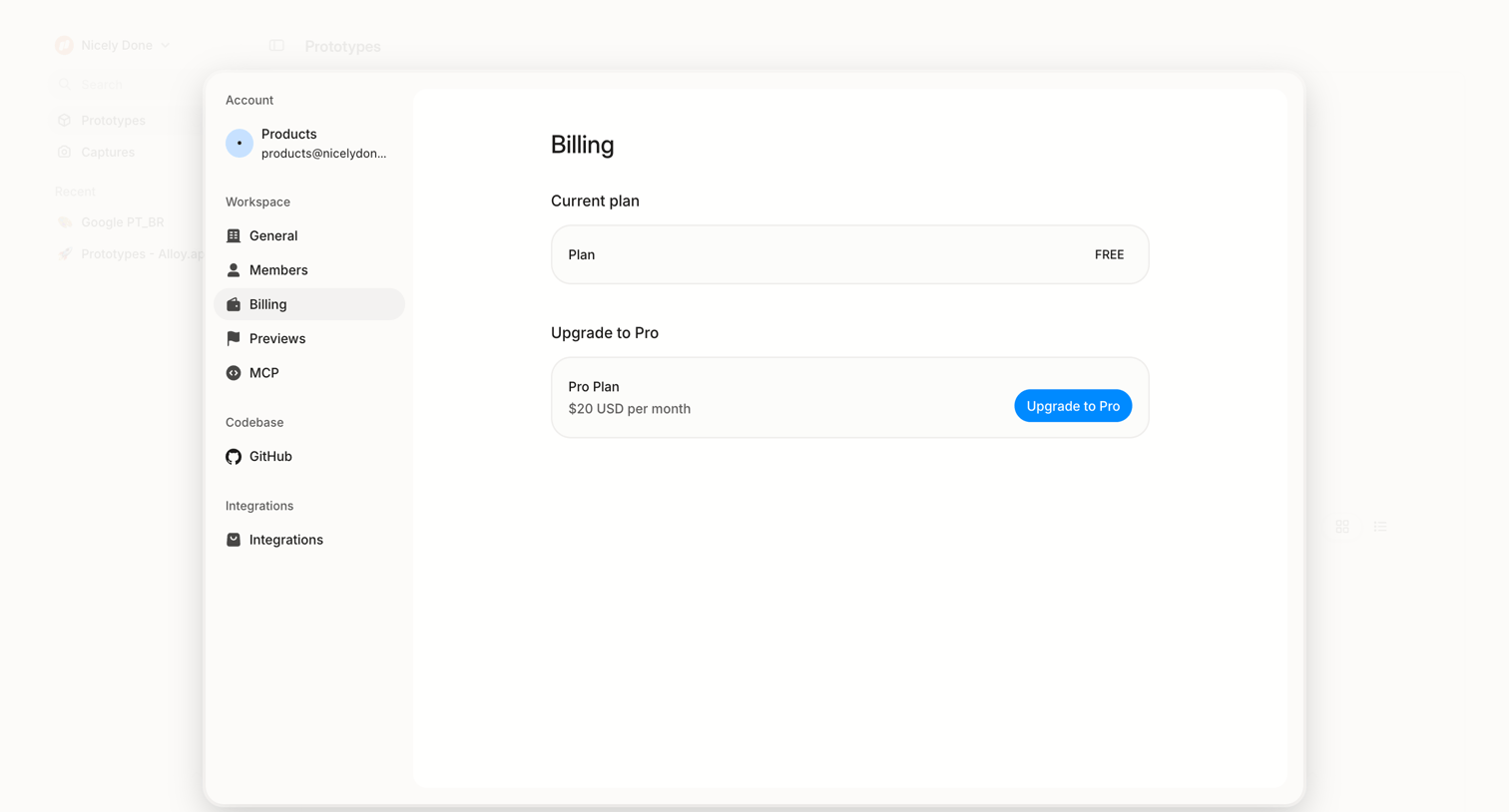 Alloy - Settings » Billing screen