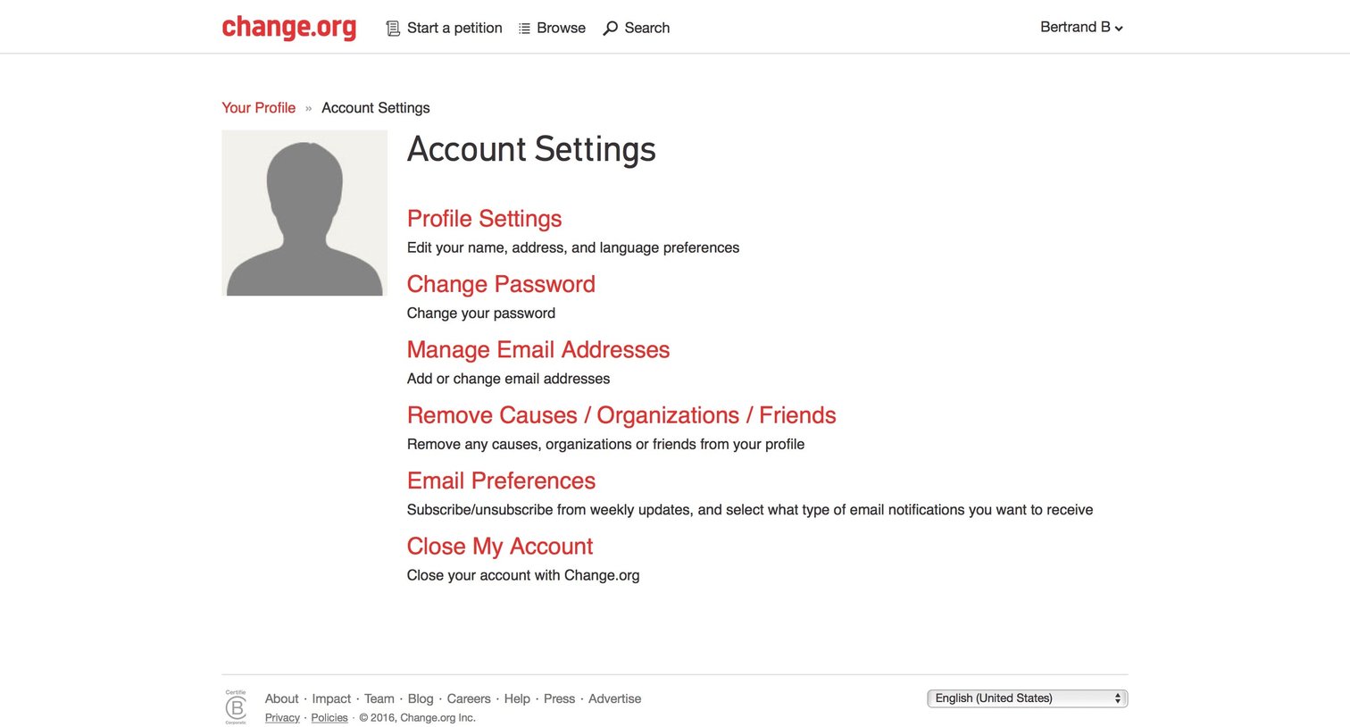 Change - Settings screen