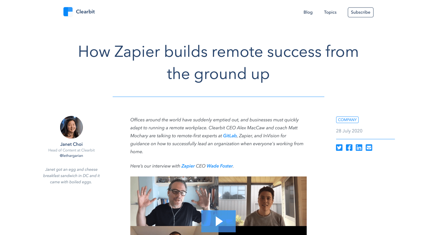 Clearbit - How Zapier builds remote success from the ground up screen