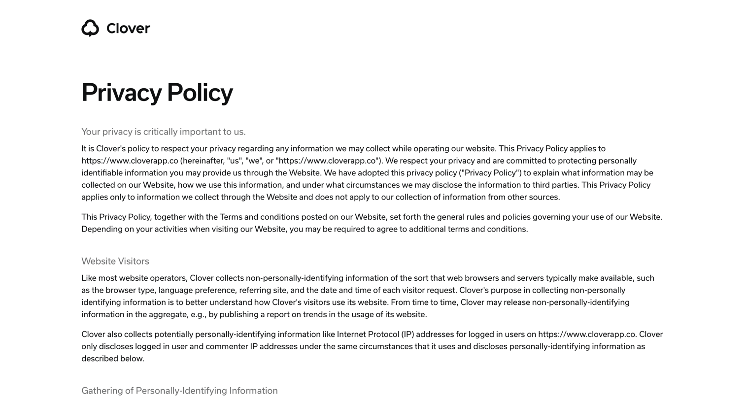 Clover - Privacy policy screen