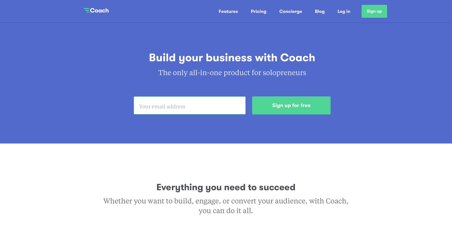 Landing page from Coach