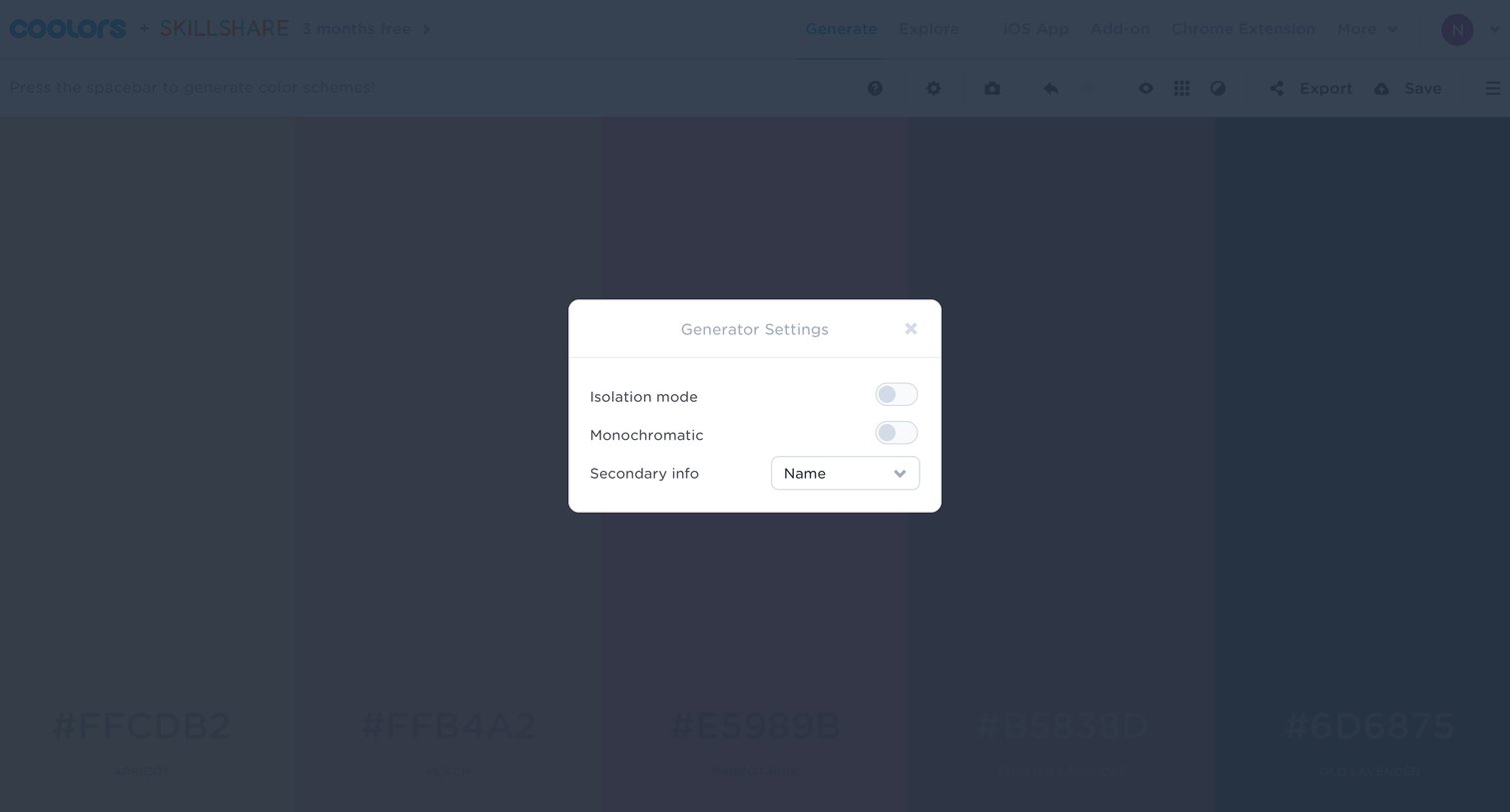 Coolors - Generator settings screen