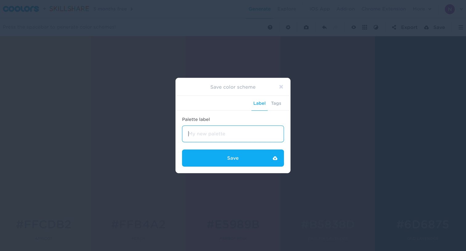 Coolors - Save color scheme screen