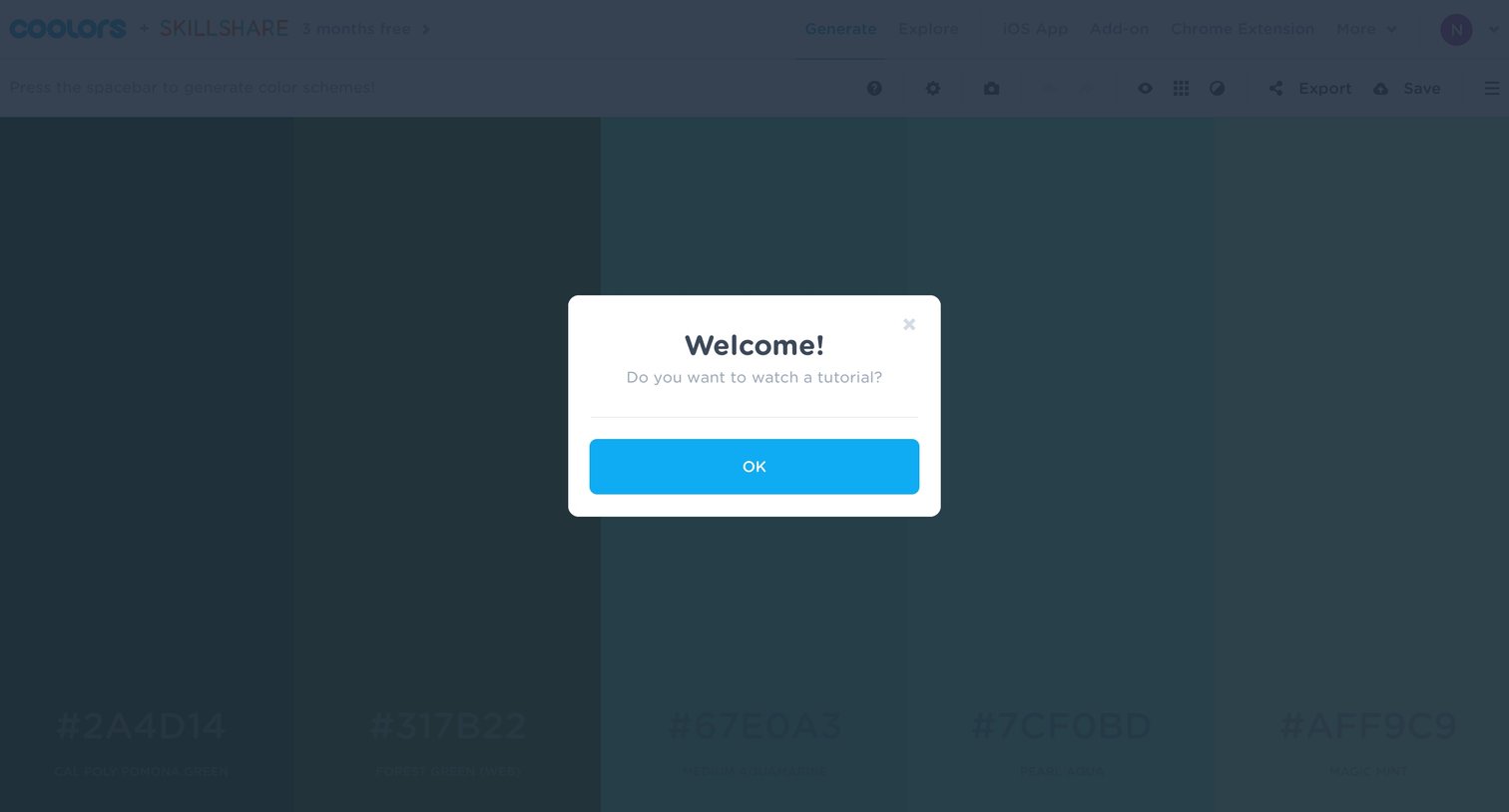 Coolors - Welcome message screen