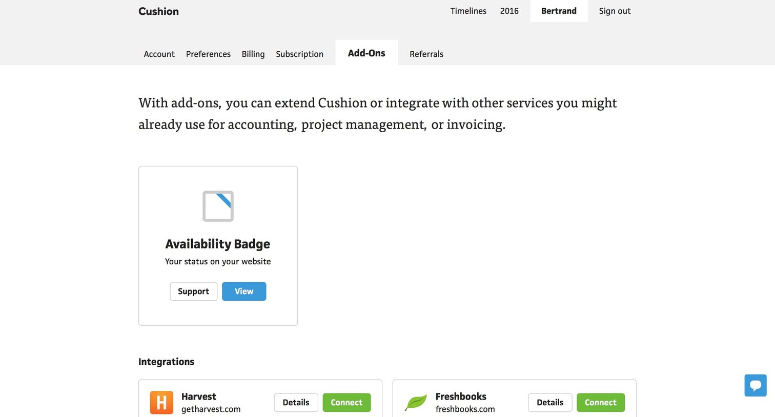 Cushion - Integrations screen