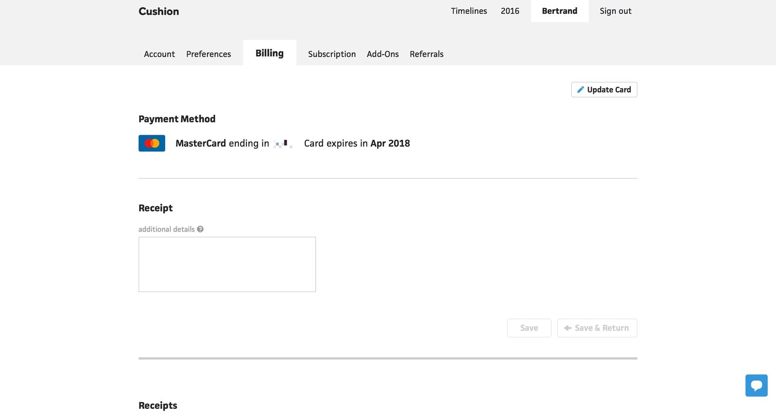 Cushion - Settings screen