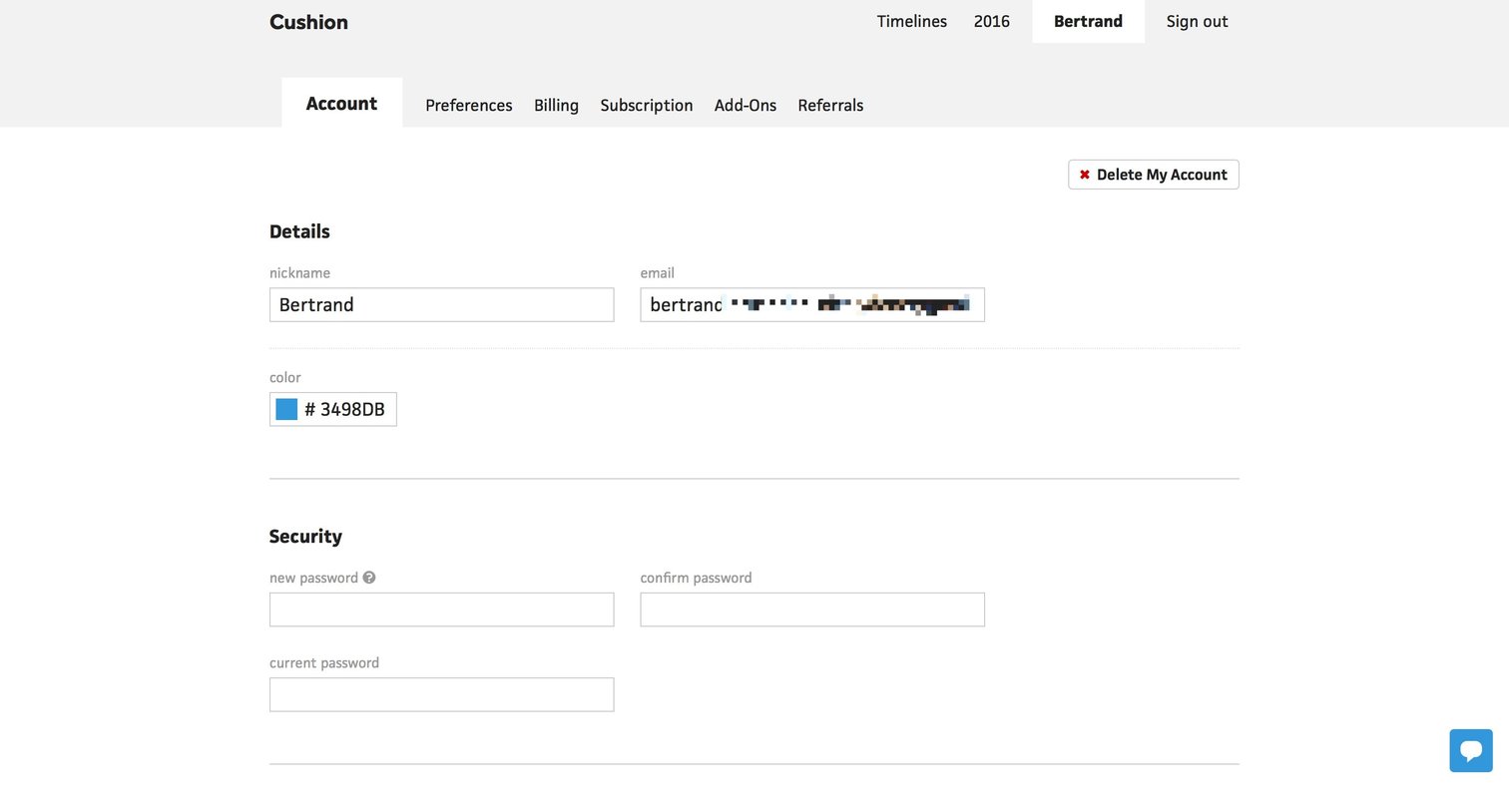 Cushion - Settings screen