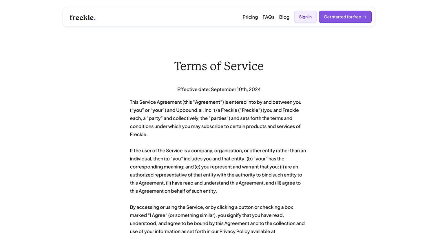 Freckle - Terms of Service screen