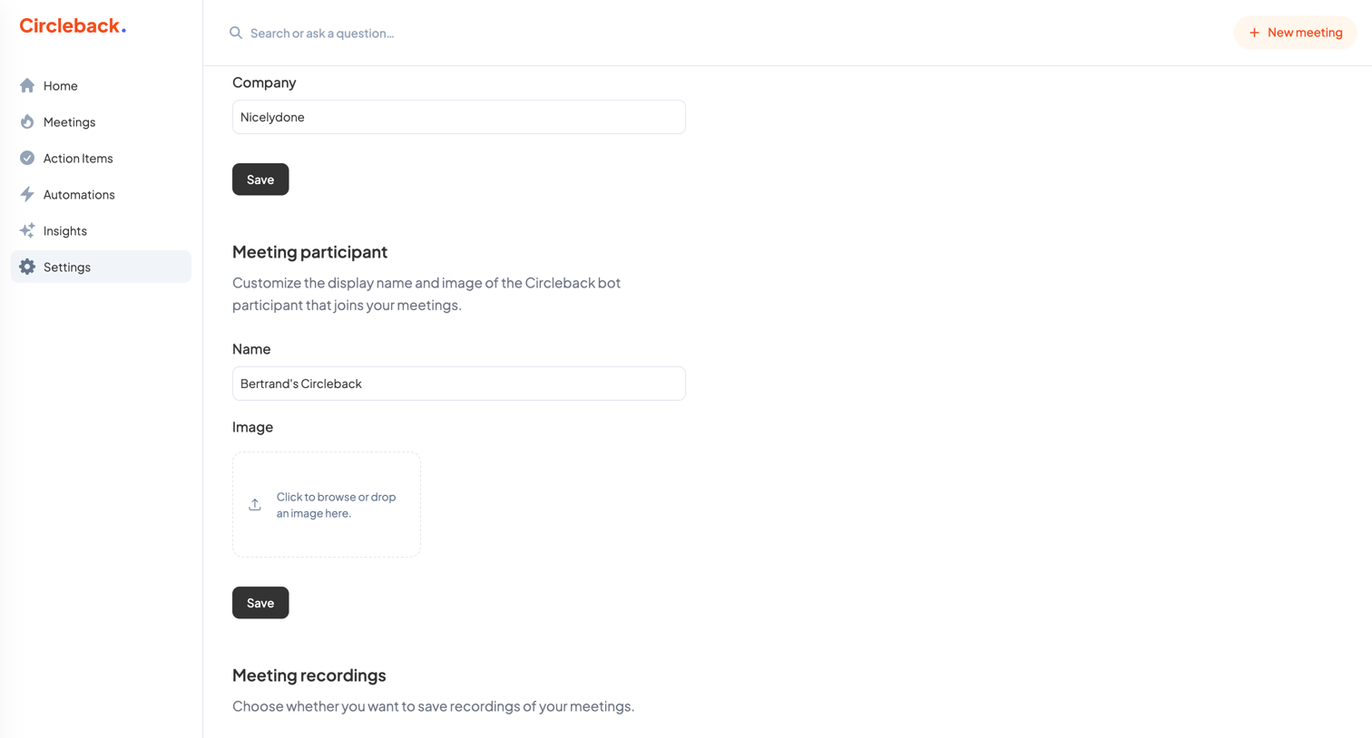 Circleback - Settings - Circleback screen