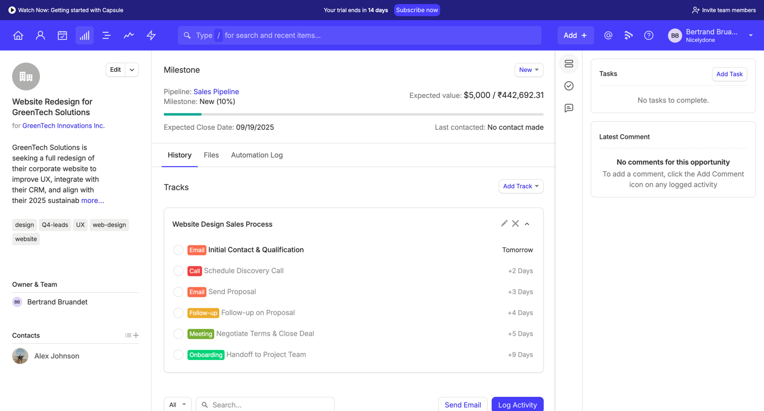 Capsule - Website Redesign for GreenTech Solutions | Nicelydone CRM screen