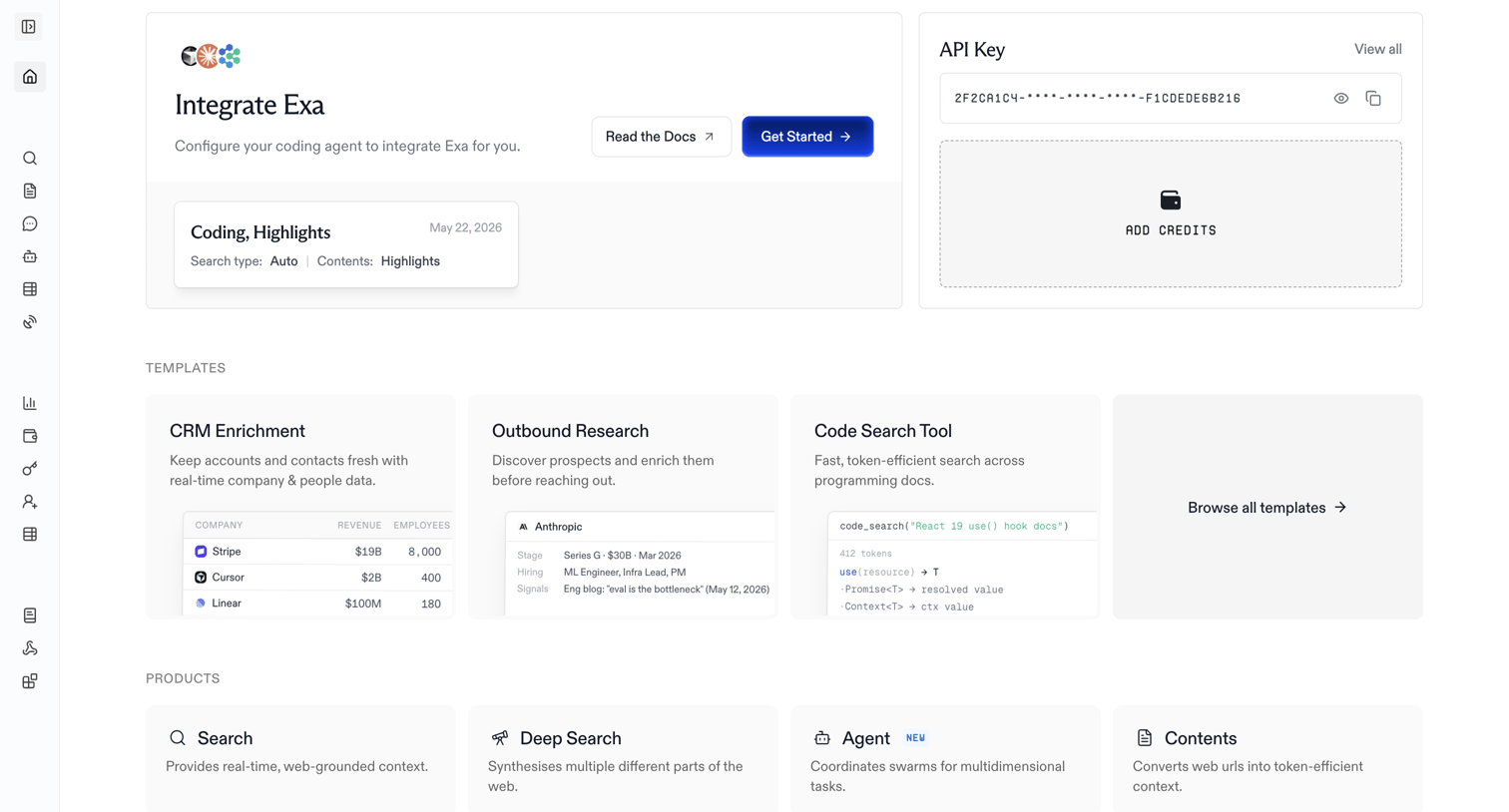Exa - Home | Exa API screen