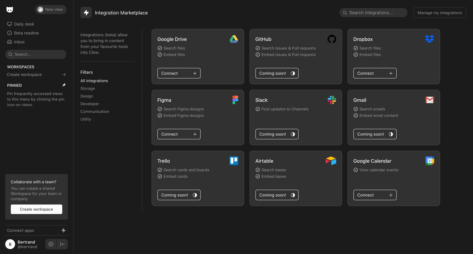 Clew - Clew | Integration Marketplace screen