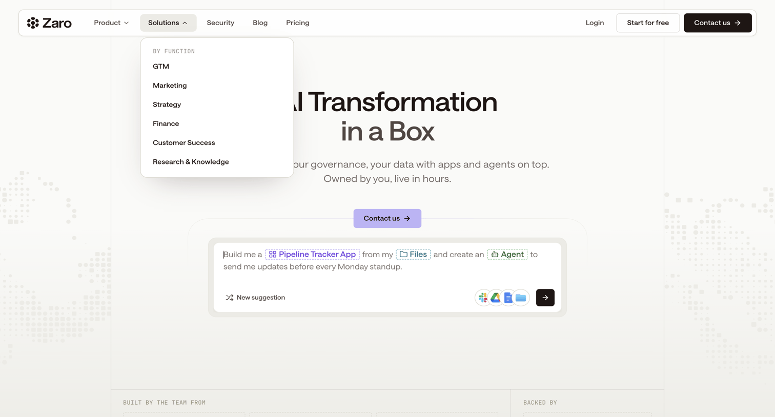 Zaro - Zaro - AI Transformation in a Box - hover: Solutions screen