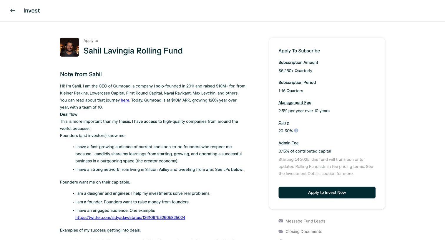 Angellist - Sahil Lavingia Rolling Fund | AngelList screen