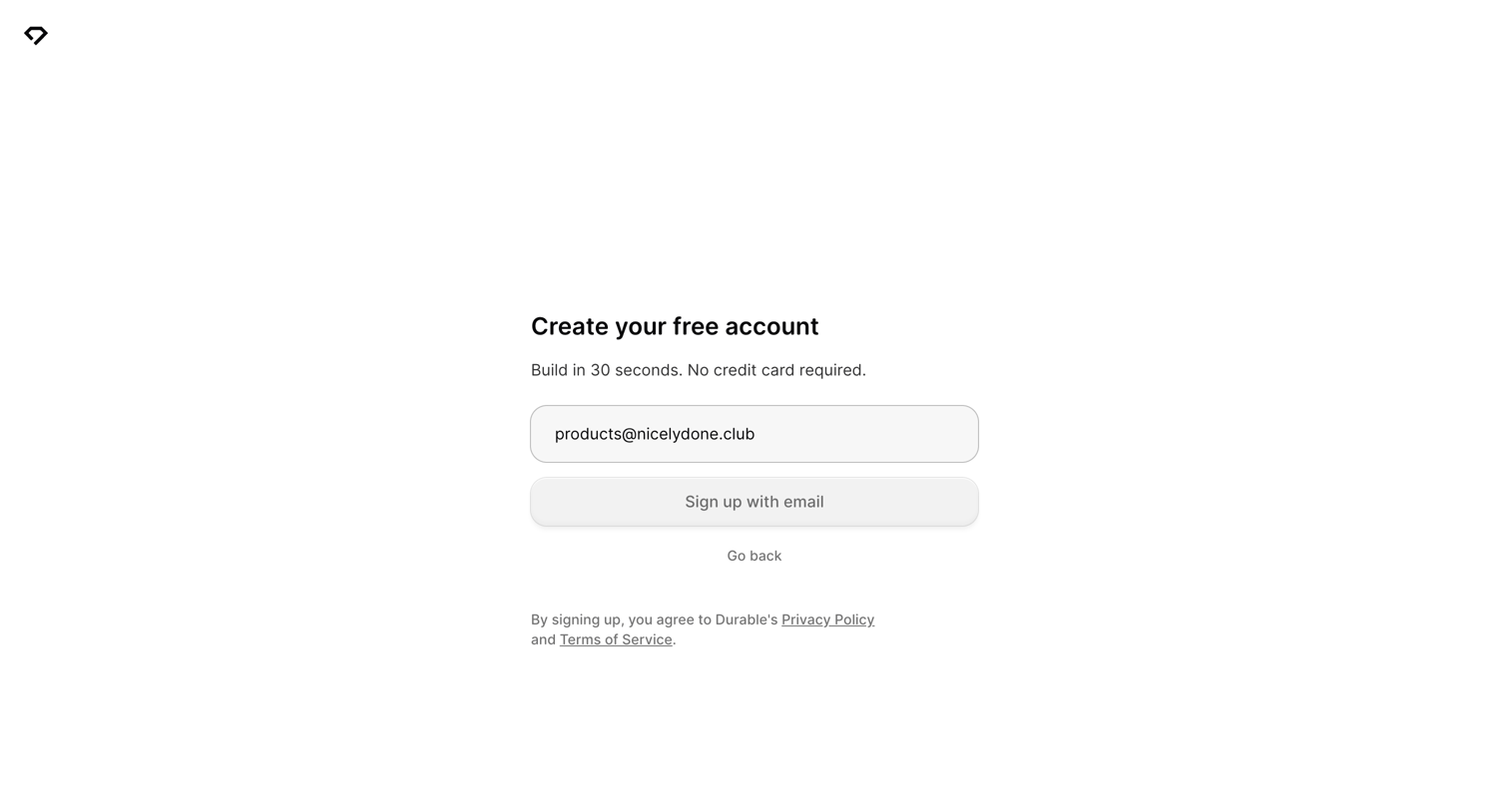Durable - Durable Sign Up - Launch your site today screen