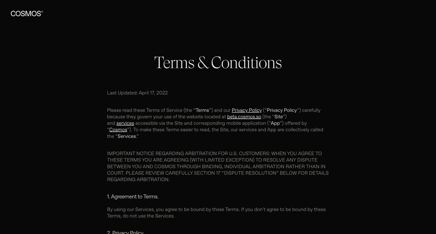 Cosmos - Terms | Conditions • Cosmos screen