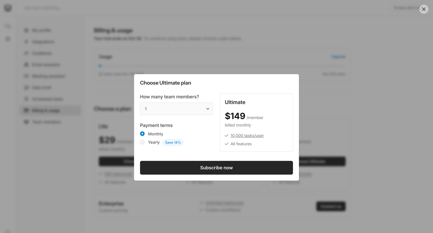 Quin - Billing & usage | Quin screen