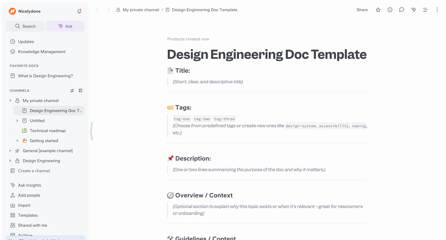 Slite - Design Engineering Doc Template screen