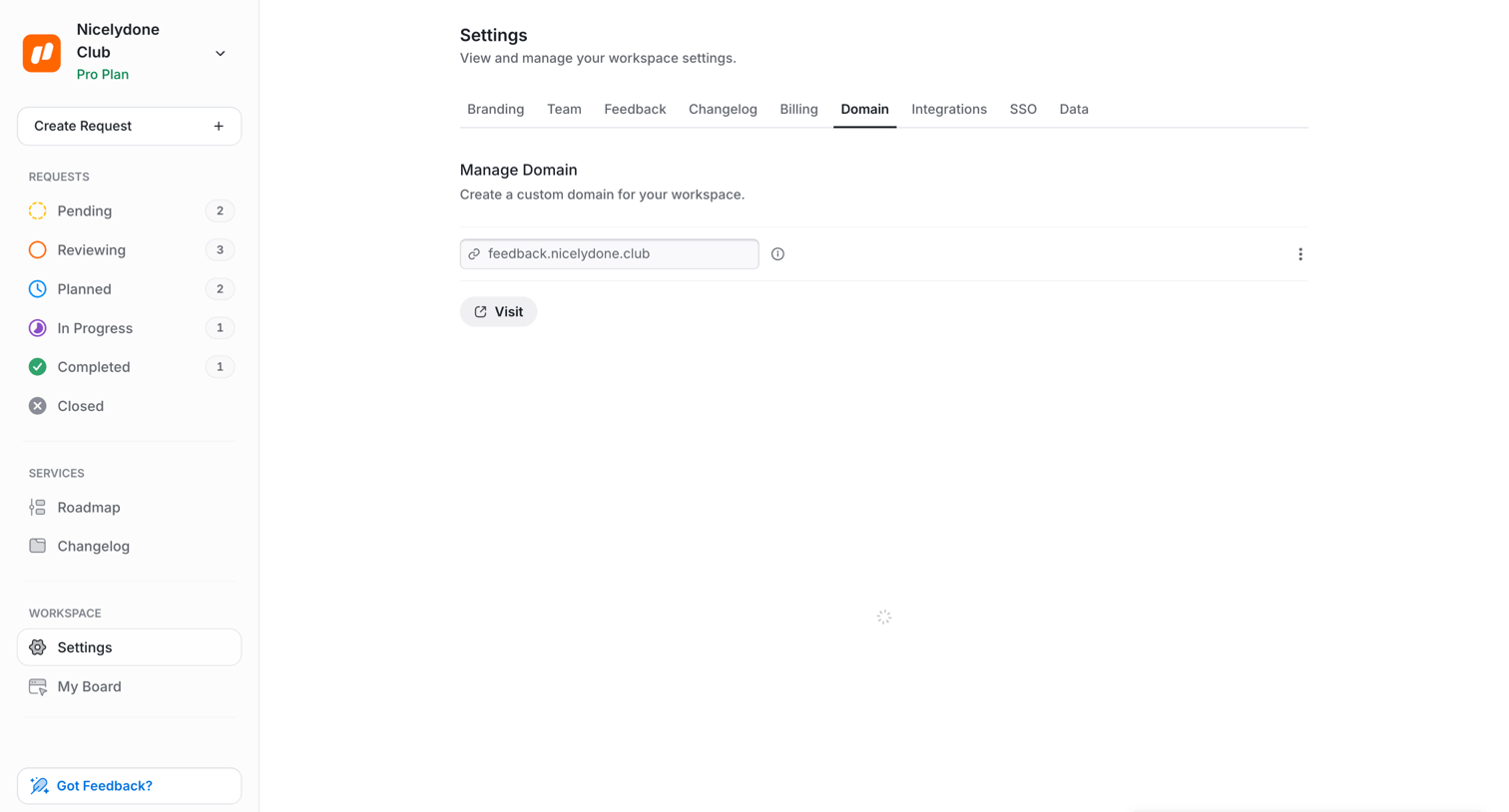 UserJot - Domain Settings | UserJot screen
