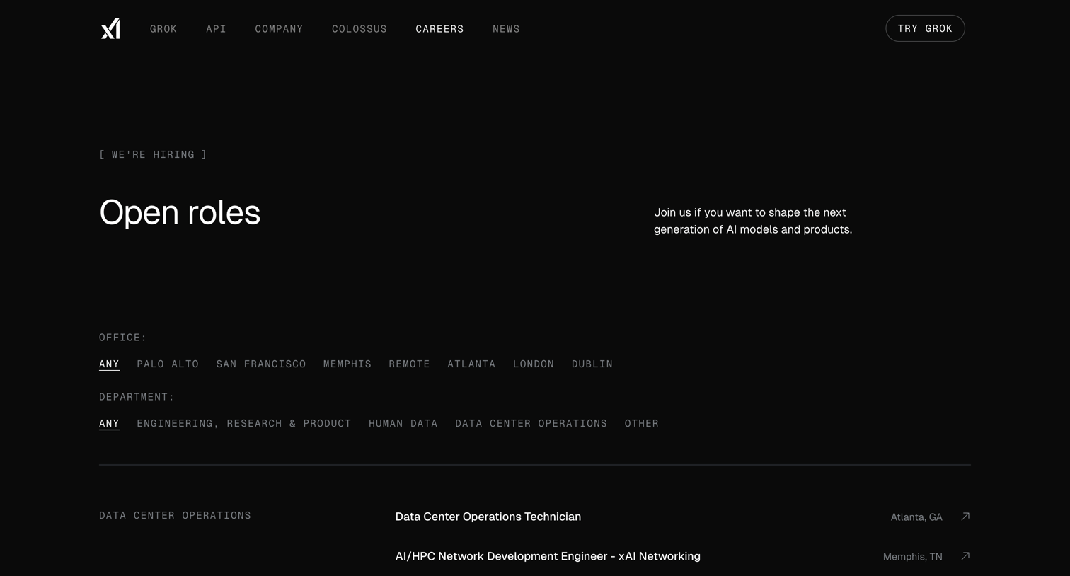 Grok - Open Roles | xAI screen