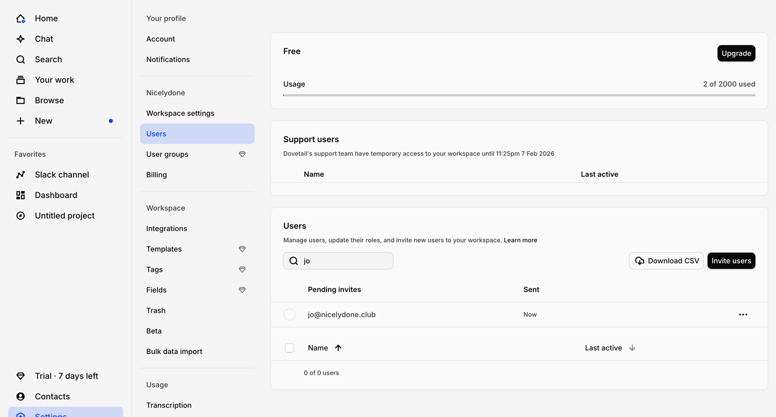 Dovetail - Users – Workspace settings – Dovetail screen