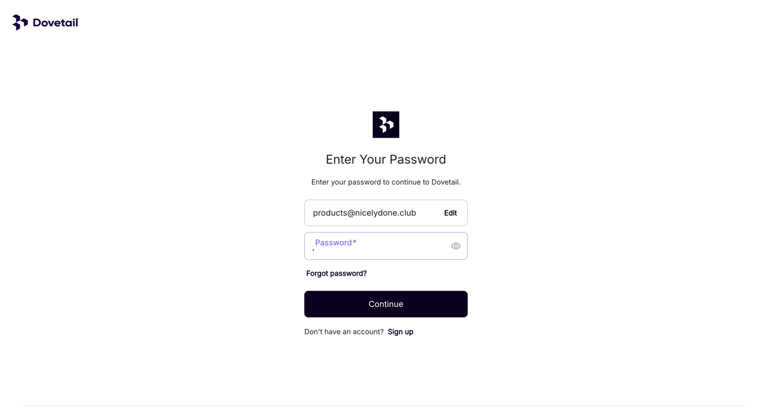 Dovetail - Log in – Dovetail screen