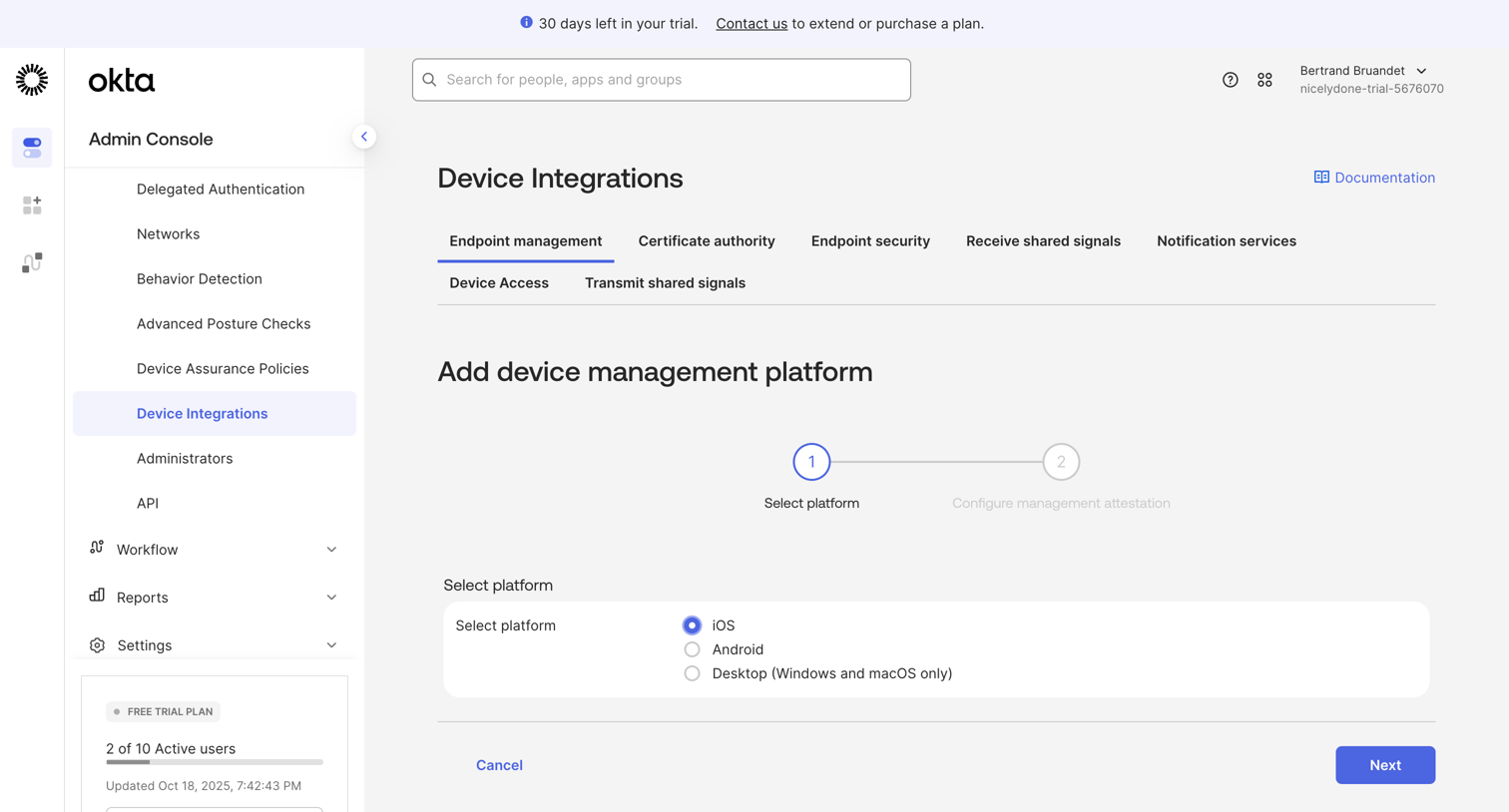 Okta - nicelydone-trial-5676070 - Device Integrations screen