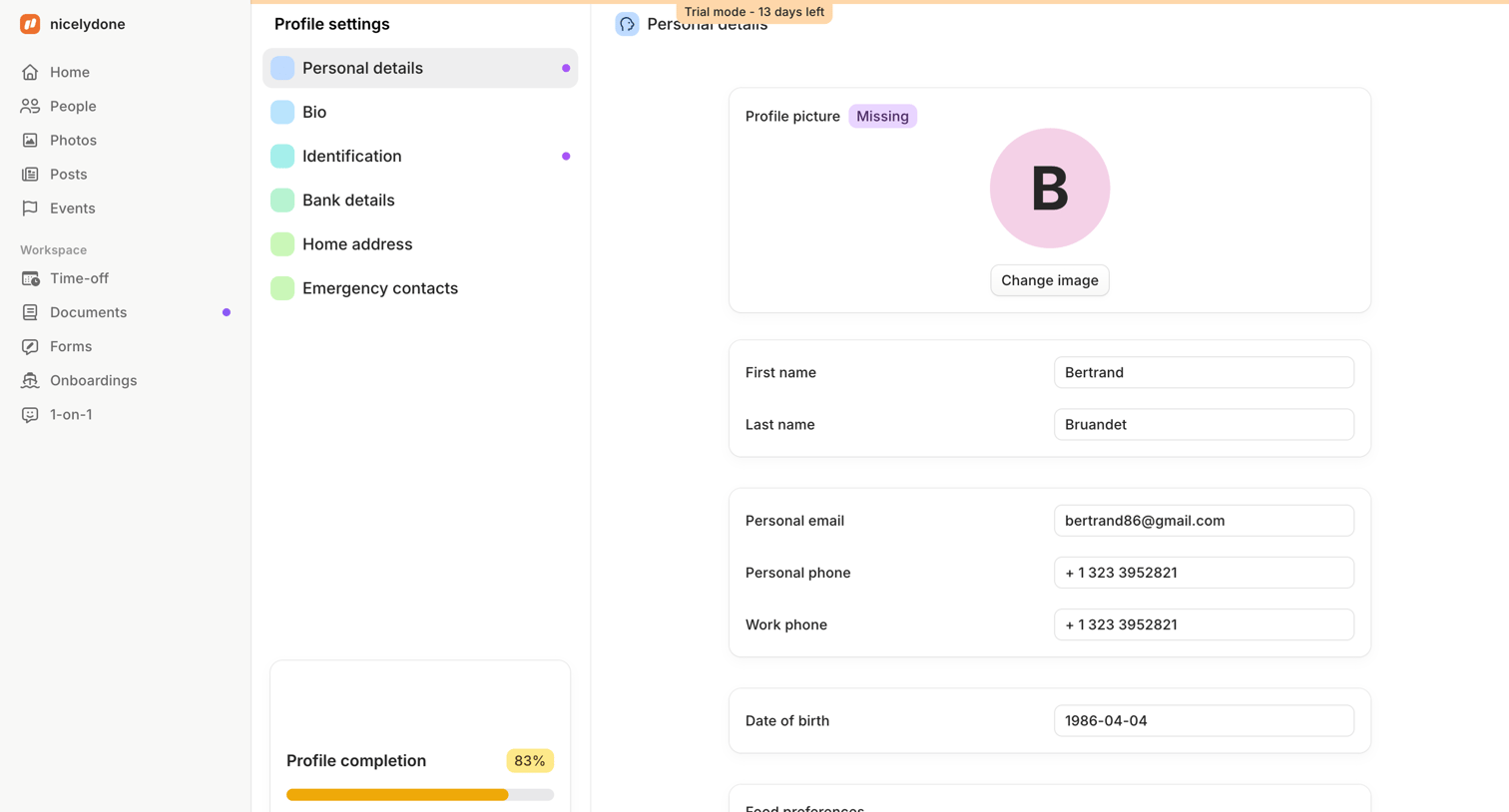 Aboard - Personal details | Profile settings | Aboard screen