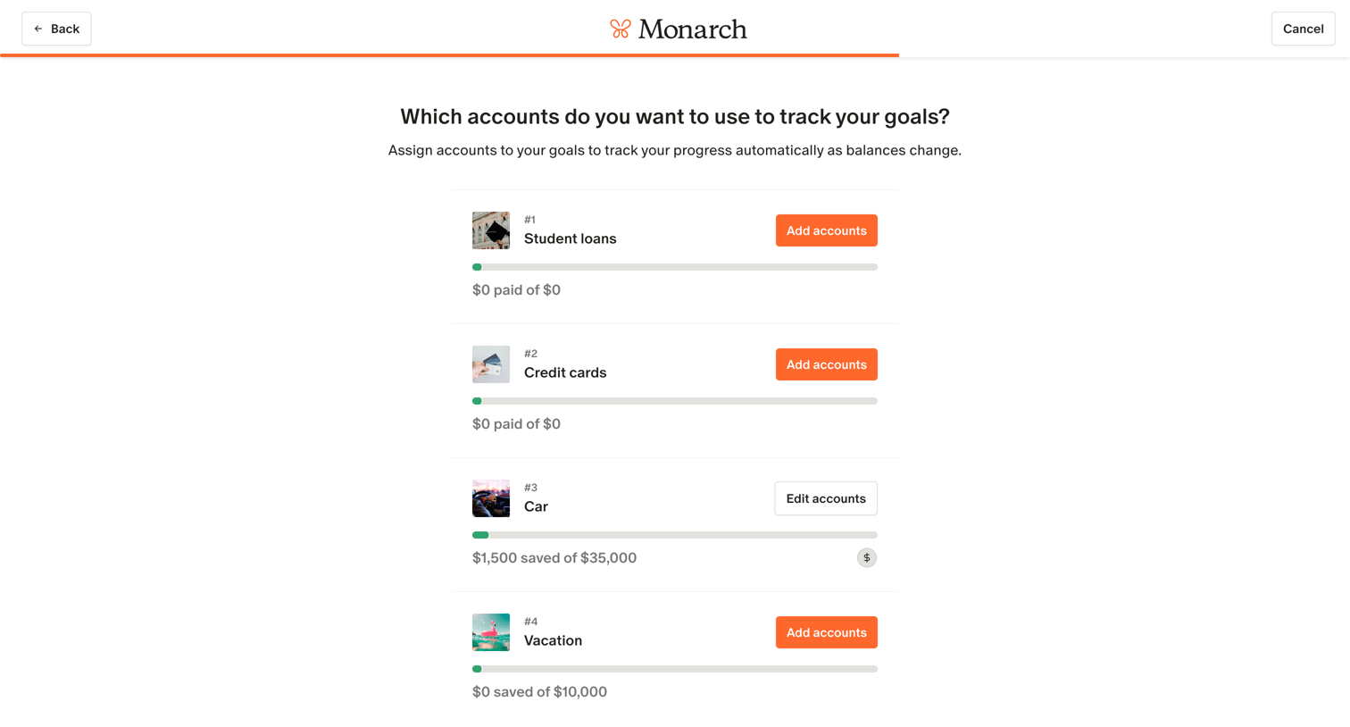Monarch - Monarch | Goals setup screen