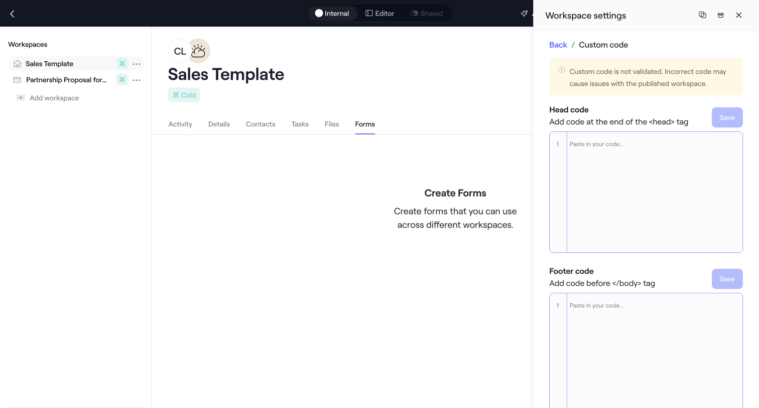 Dock - Internal · Sales Template screen